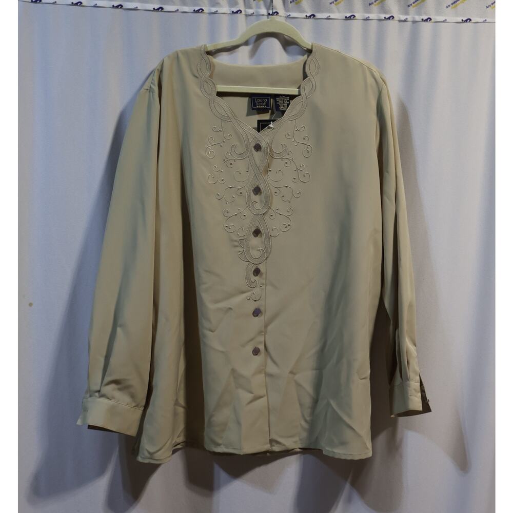 Laura Scott NWT Beige Embroidered Pearl-Buttoned Long Sleeve Blouse Size 22W